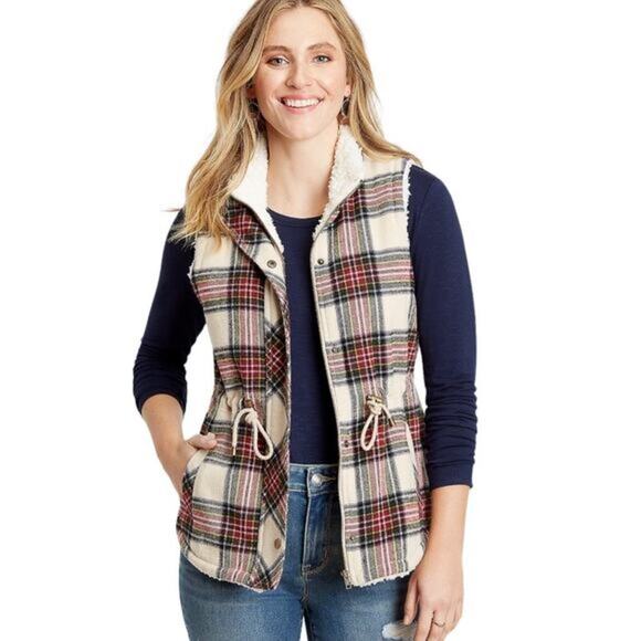 Maurices Plaid Sherpa Wool Blend Lined Cinch Waist Vest Size Sz S - Picture 1 of 10